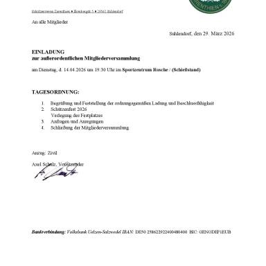 Einladung außerordentliche Mitgliederversammlung